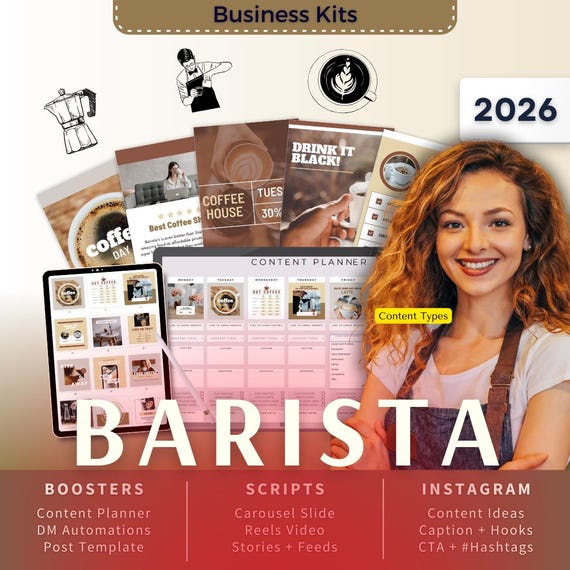 Barista Biz Kit Bundle2026 - Canva Template-Instagram Post Ideas-Planner-Coffee shop Content Calendar-Google Sheet