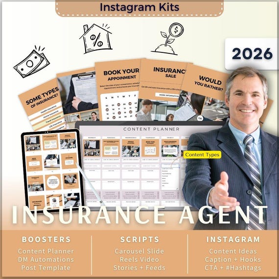 Insurance Agent Instagram Kit 7in1 Bundle Canva Template-Content Planner-Post Caption-Reel Script-Insta Story-Carousel-DM Manychat