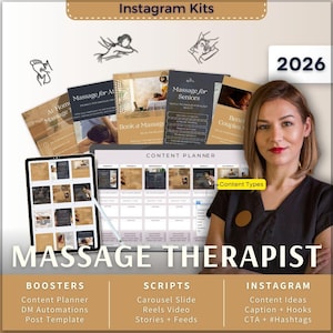 Kit de Instagram para terapeutas de masaje (7 en 1): Plantilla de Canva, planificador de contenido, subtítulos, guion para reels, historias de Instagram, carrusel, mensajes directos y Manychat.