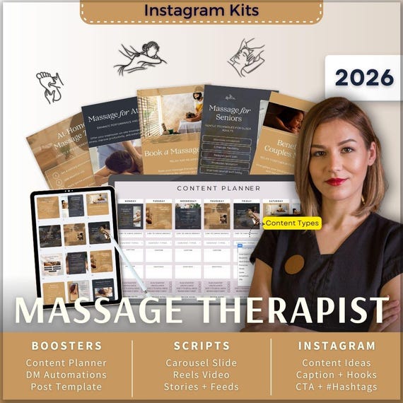 Massage Therapist Instagram Kit 7in1 Bundle Canva Template-Content Planner-Caption-Reels Script-Insta Story-Carousel-DM Manychat