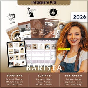 Barista Instagram Kit 7in1 Bundle Canva Template-Content Planner-Post Caption-Reels -Insta Story-Carousel -DM Manychat-Coffee Shop