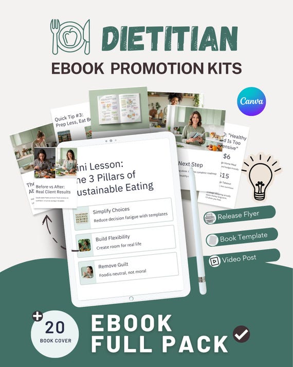 Dietitian Ebook Promotion Kit Canva Template= Social Media - Instagram-Linkedin - Pinterest - Whatsapp - Threads - Youtube Carousel - Tiktok