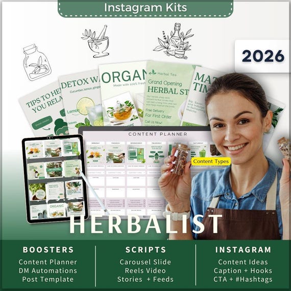 Herbalist Instagram Kit 7in1 Bundle Canva Template-Content Planner-Post Caption-Reels-Insta Story-Carousel-DM Manychat-Herbal
