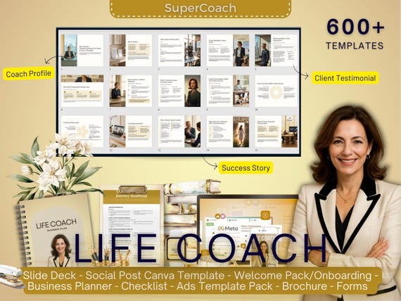 LIfe Coach Super Kits: Slide Deck-Social Post Canva Template-Welcome Pack Onboarding-Business Planner-Checklist-Ads Pack-Form-Course Creator