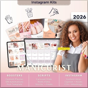 Kit manucure Instagram 7 en 1 Bundle Canva modèle-planificateur de contenu-post légende-bobine-histoire-carrousel-DM Manychat-technicien en ongles