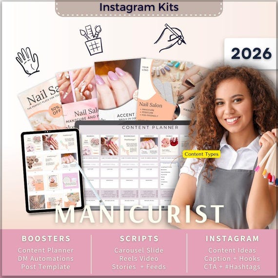 Manicurist Instagram Kit 7in1 Bundle Canva Template-Content Planner-Post Caption-Reel-Story-Carousel -DM Manychat-Nail Technician
