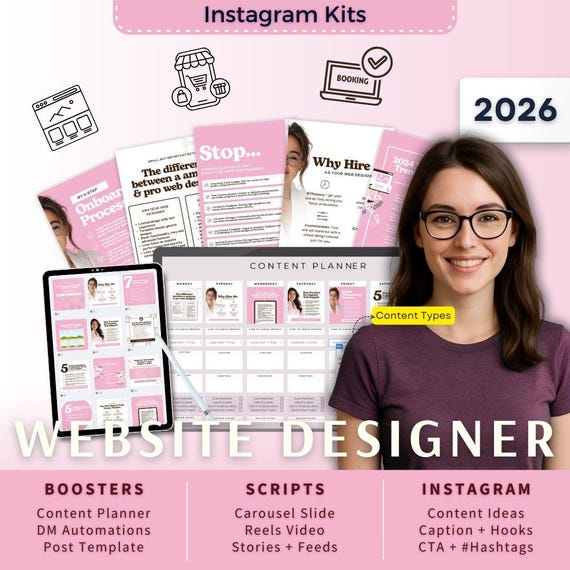 Website Designer Instagram Kit 7in1 Bundle Canva Template-Content Planner-Caption-Reels-Insta Story-Carousel -DM Manychat-Agency
