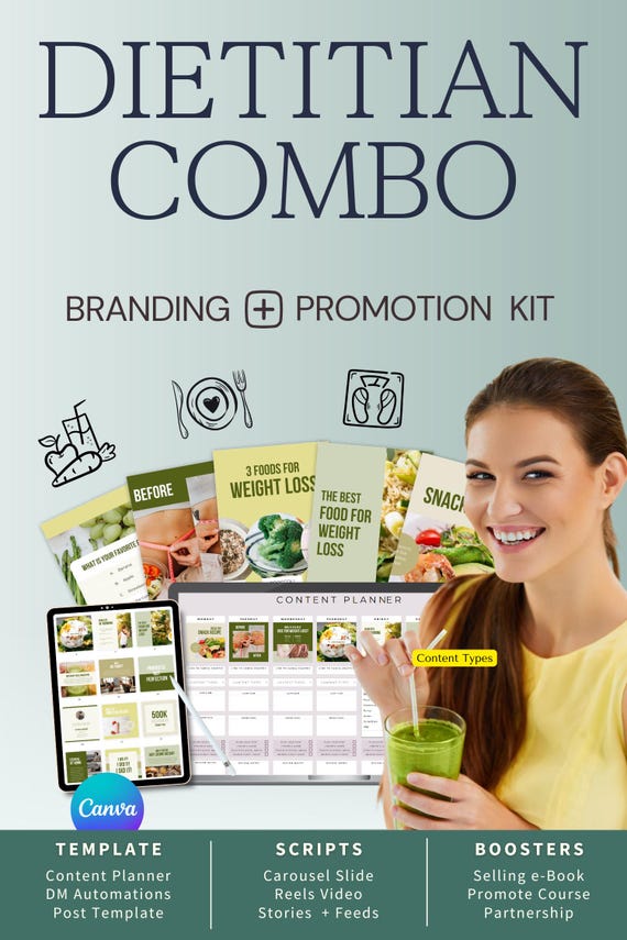 Dietitian Combo Instagram Bundle-Canva Template-Content Planner-Post Caption-Reel-Insta Story-Carousel -DM Manychat-Dietician