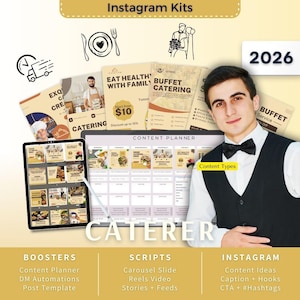 Caterer Instagram Kit 7in1 Bundle Canva Template-Content Planner-Post Caption-Reels Script-Insta Story-Carousel -Catering Service