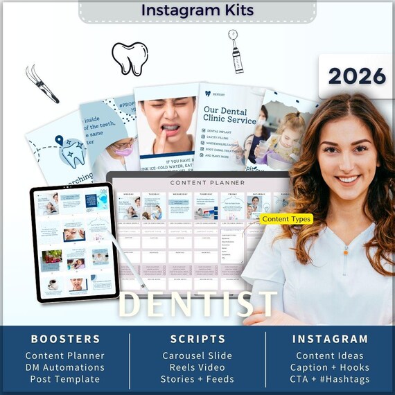 Dentist Instagram Kit 7in1 Bundle Canva Template-Content Planner-Post Caption-Reels Script-Insta Story-Carousel-Dental Care Clinic