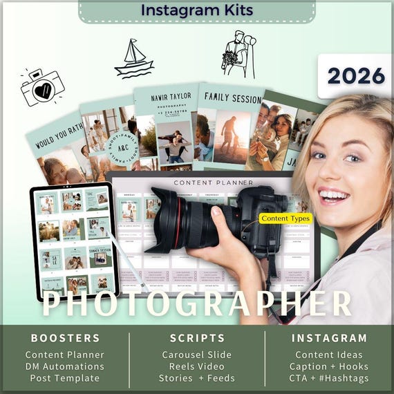 Photographer Instagram Kit 7in1 Bundle-Canva Template-Content Planner-Post Caption-Reels-Insta Story-Carousel Slide-DM Manychat