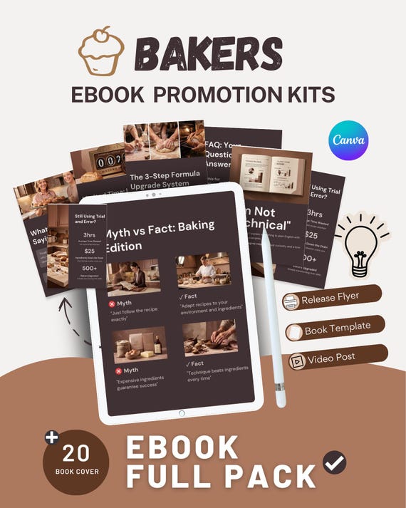 Baker Ebook Promotion Kit Canva Template= Social Media - Instagram - Linkedin - Pinterest - Whatsapp - Threads - Youtube Carousel - Tiktok