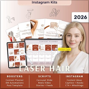 Laser hair removal Instagram Kit 7in1 Bundle Canva Template-Content Planner-Caption-Reels-Story-Carousel-DM Manychat-Aesthetician