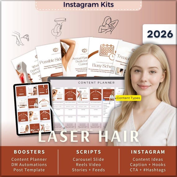 Laser hair removal Instagram Kit 7in1 Bundle Canva Template-Content Planner-Caption-Reels-Story-Carousel-DM Manychat-Aesthetician