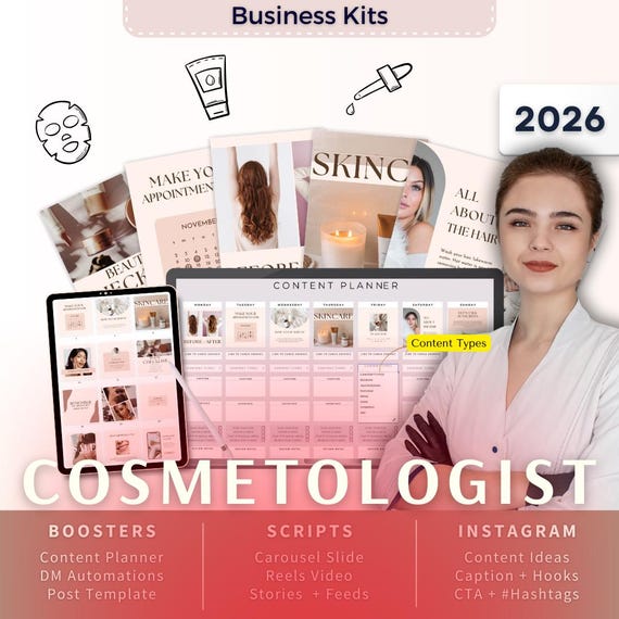 Cosmetologist Biz Kit Bundle2026 - Canva Template-Instagram Post Ideas-Planner-Beauty Clinic Content Calendar-Google Sheet