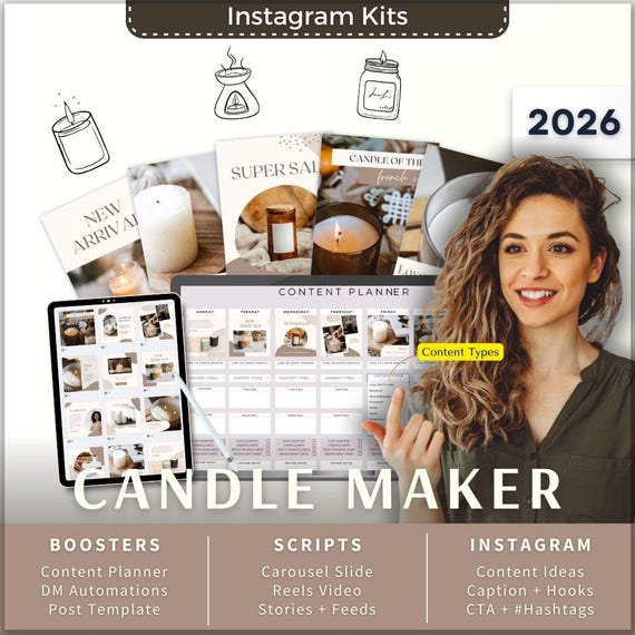 Candle Maker Instagram Kit 7in1 Bundle Canva Template-Content Planner-Post Caption-Reels Script-Insta Story-Carousel-DM Manychat