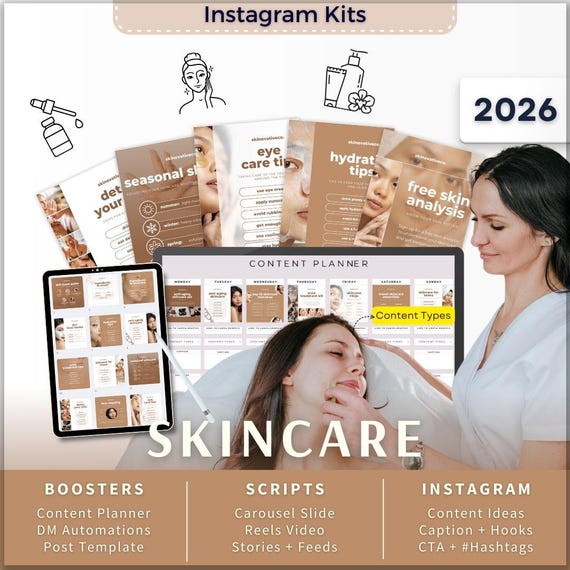 Skincare Instagram Kit 7in1 Bundle Canva Template-Content Planner-Caption-Reels-Story-Carousel -Manychat-Esthetician Skin Care-Aesthetician