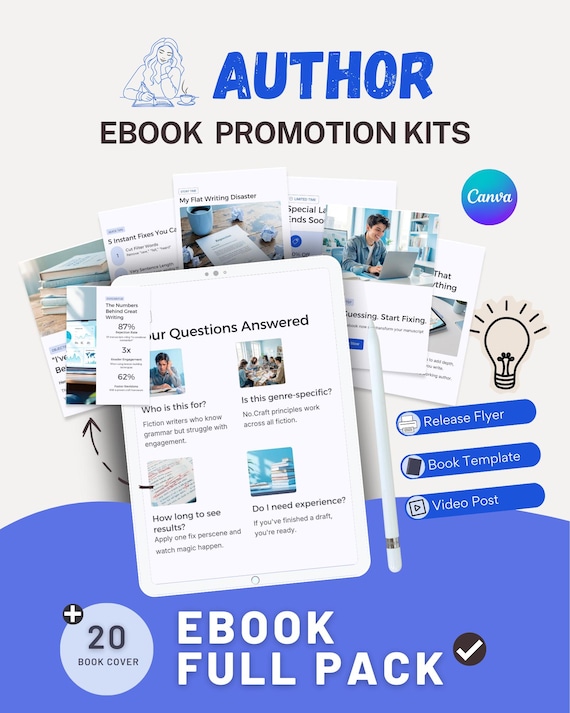 Author Ebook Promotion Kit Canva Template= Social Media - Instagram - Linkedin - Pinterest - Whatsapp - Threads - Youtube Carousel - Tiktok