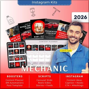 Kit de Instagram para mecánicos (7 en 1): Plantilla de Canva, planificador de contenido, subtítulos, guion para reels, historias de Instagram, carrusel, mensajes directos en Manychat, taller de coches.