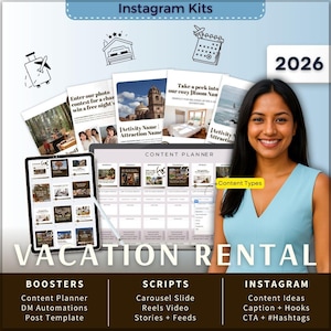 Kit de Instagram para alquileres vacacionales (7 en 1): Plantilla de Canva, planificador de contenido, subtítulos, reels, historias, carrusel, mensajes directos, Manychat, alojamiento y desayuno.