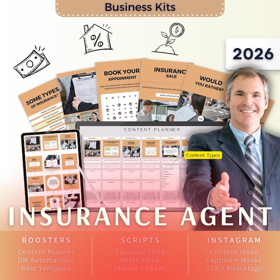 Insurance Agent Biz Kit Bundle2026 - Canva Template-Post Ideas-Planner-Insurance Company Content Calendar-Google Sheet