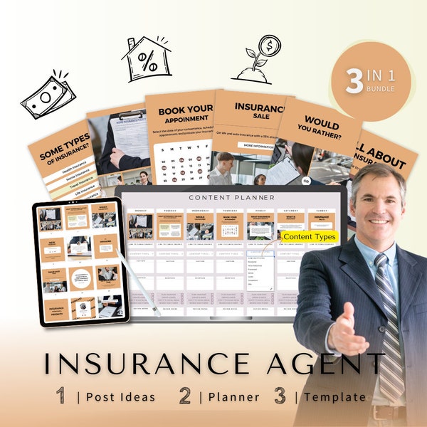 Insurance Agent 3 in 1 Bundle 2024 - Canva Template-Post Ideas-Planner-Insurance Company Content Calendar-Google Sheet