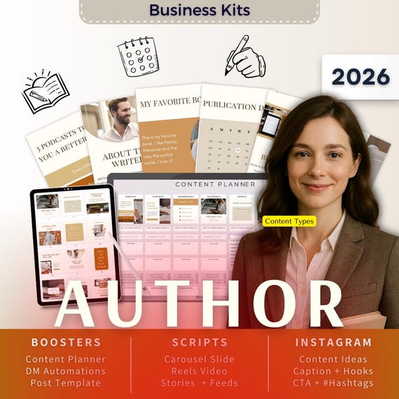 Author-Book Writer Biz Kit Bundle2026 - Canva Template-Instagram Post Ideas-Planner-Book Author Content Calendar-Google Sheet