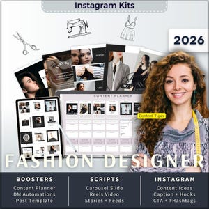Kit de Instagram para diseñadores de moda (7 en 1): Plantilla de Canva, planificador de contenido, subtítulos, guion para reels, historias de Instagram, carrusel y mensajes directos en Manychat.