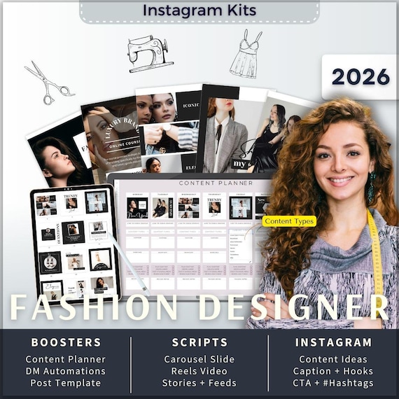 Fashion Designer Instagram Kit 7in1 Bundle Canva Template-Content Planner-Caption-Reels Script-Insta Story-Carousel -DM Manychat