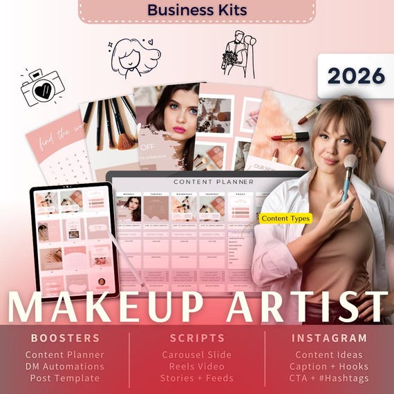 Makeup Artist Biz Kit Bundle2026 - Canva Template-Instagram Post Ideas-Planner-Beauty Salon Content Calendar-Google Sheet