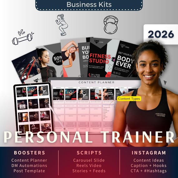 Personal Trainer Biz Kit Bundle2026 - Canva Template-Instagram Post Ideas-Planner-Fitness Studio Content Calendar-Google Sheet