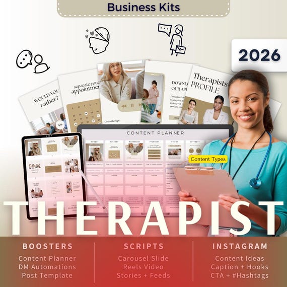 Therapist Biz Kit Bundle2026 - Canva Template-Instagram Post Ideas-Planner-Therapy Clinic Content Calendar-Google Sheet