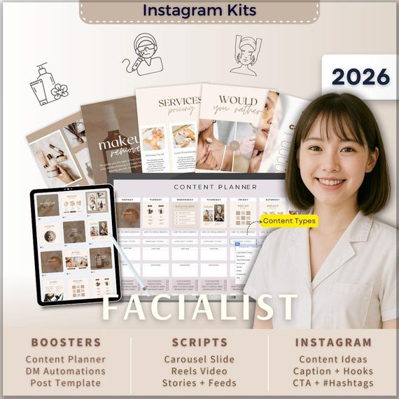 Facialist Instagram Kit 7in1 Bundle Canva Template-Content Planner-Caption-Reels-Story-Carousel -DM Manychat-Esthetician Facial