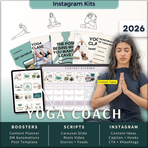 Yoga Coach Instagram Kit 7in1 Bundle Canva Template-Content Planner-Post Caption-Reels-Insta Story-Carousel Slide-DM Manychat Yogi