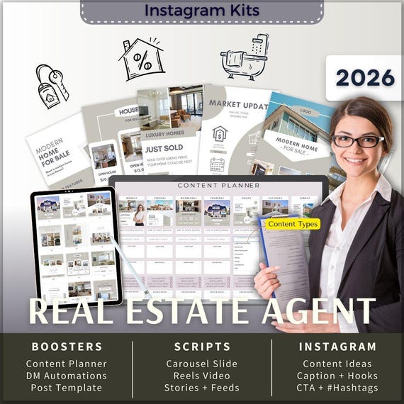 Real Estate Agent Instagram Kit 7in1 Bundle Canva Template-Content Planner-Caption-Reels-Insta Story-Carousel-DM Manychat Realtor