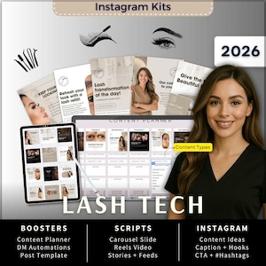 Lash Techniker Instagram Kit 7in1 Bundle Canva Template-Content Planner-Caption-Reels-Insta Story-Karussell-DM Vielechat-Ästhetiker