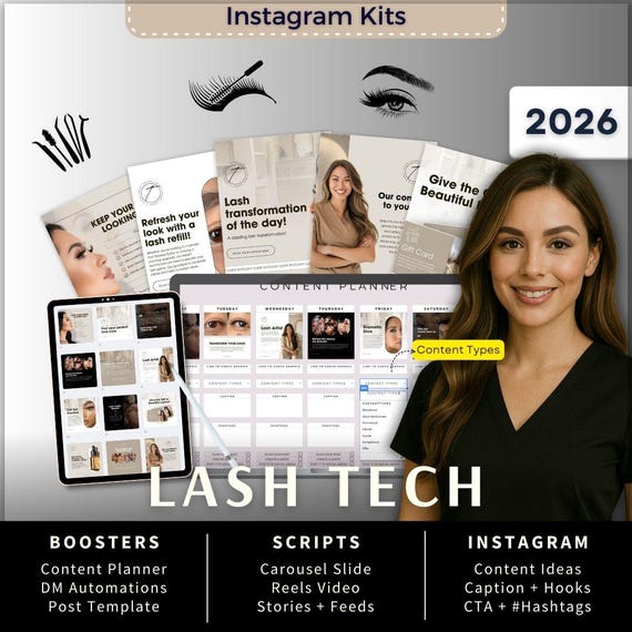Lash Technician Instagram Kit 7in1 Bundle Canva Template-Content Planner-Caption-Reels-Insta Story-Carousel-DM Manychat-Aestheticians