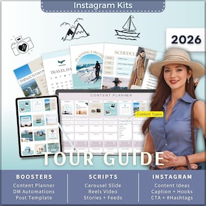 Tour Guide Instagram Kit 7in1 Bundle Canva Template-Content Planner-Caption-Reels-Insta Story-Karussell-DM Viele Chat Reisebüro