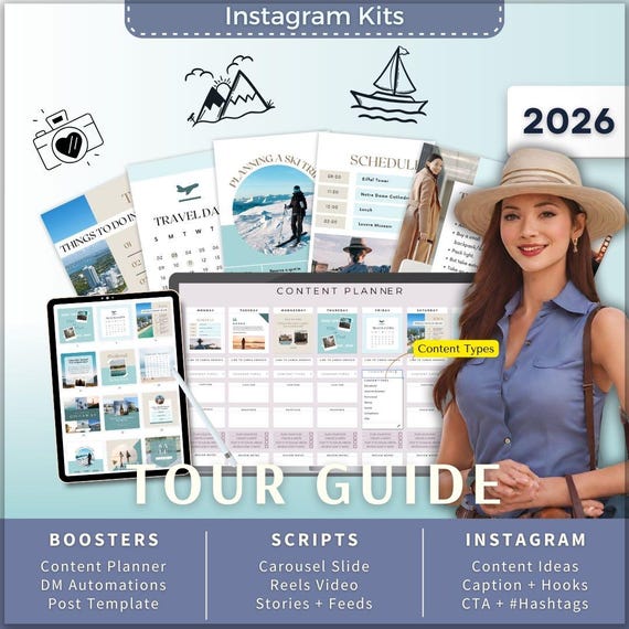 Tour Guide Instagram Kit 7in1 Bundle Canva Template-Content Planner-Caption-Reels-Insta Story-Carousel-DM Manychat Travel Agency