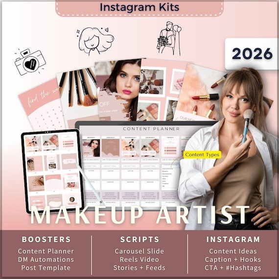 Makeup Artist Instagram Kit 7in1 Bundle Canva Template-Content Planner-Post Caption-Reels-Story-Carousel -DM Manychat-MUA-Salon