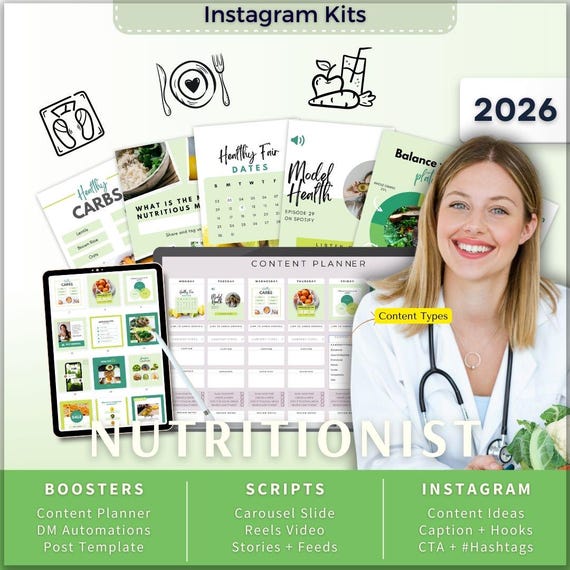 Nutritionist Instagram Kit 7in1 Bundle Canva Template-Content Planner-Post Caption-Reels-Insta Story-Carousel -DM Manychat-Meal