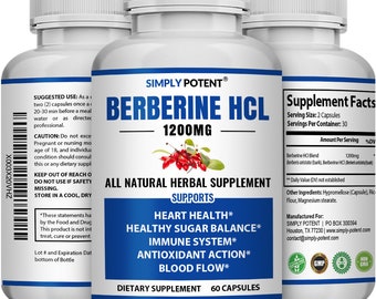 Simply Potent Berberine HCL 1200 mg for Heart Health, Immune System, Blood Flow, & Sugar Balance, Stronger Than Berberine 500mg, 60 Capsules