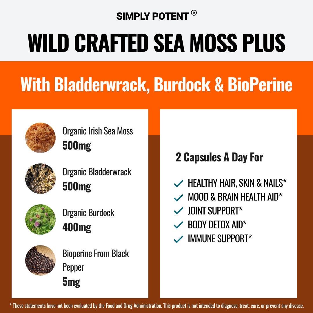 Organic Irish Sea Moss With Bladderwrack and Burdock 60 - Etsy Organic Irish Sea Moss With Bladderwrack and Burdock 60 - Etsy