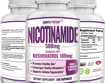 Nicotinamide 500mg with Resveratrol 100mg - 120 Veggie Capsules - Vitamin B3 Supplement Pills to Support NAD, Skin Cell Health & Energy