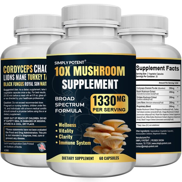 Simply Potent 10 Mushroom Complex Supplements | Cordyceps, Turkey Tail, Chaga, Reishi Extract For Energy, Vitality, Immune System & Wellness