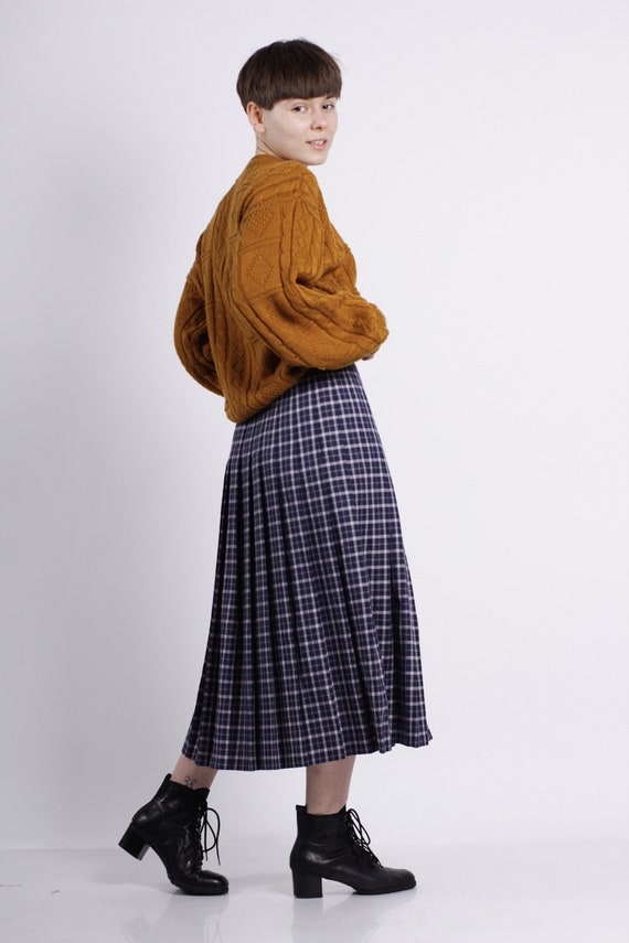 Midi pleated skirt, Vintage blue plaid skirt, Long