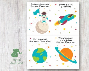 Set di biglietti di San Valentino per lo spazio esterno stampabile/astronauta/nave spaziale/terra/Saturno