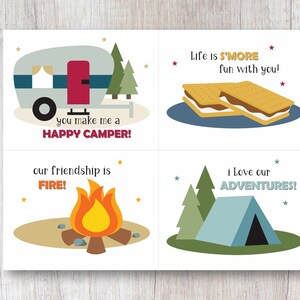 Cartes de camping imprimables pour enfants, école, Saint-Valentin, cartes de camping mignonnes pour salle de classe, valentin, campeur, smores, étiquette-cadeau, tente feu