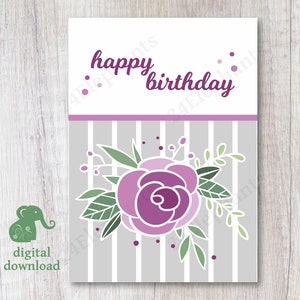 Printable 5x7 Floral Birthday Card | Striped Birthday | Happy Birthday Flower