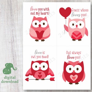 Druckbare Eule Valentinstag Karten Set | Rosa und rote Eulen | Süße Eule Valentines